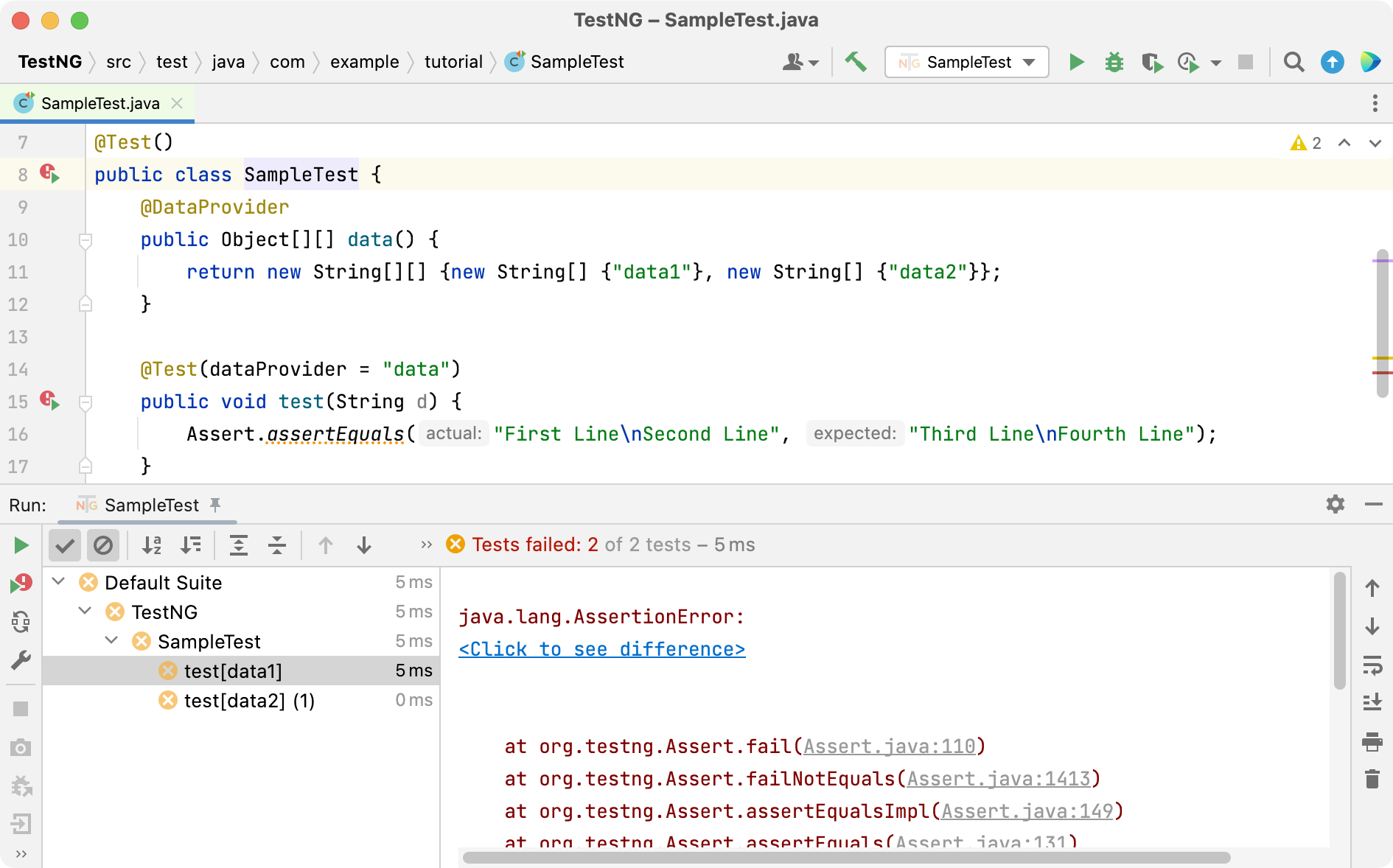 Viewing TestNG test results in Run tool window