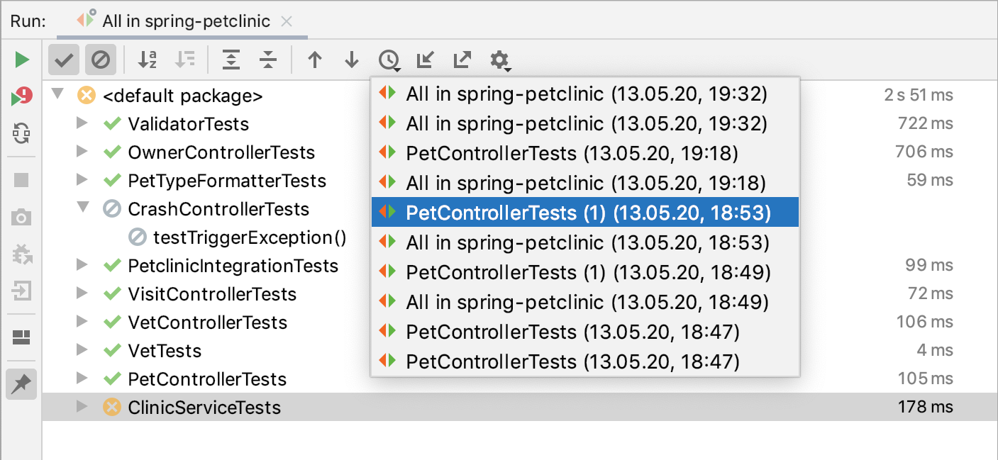 Viewing results of previous tests