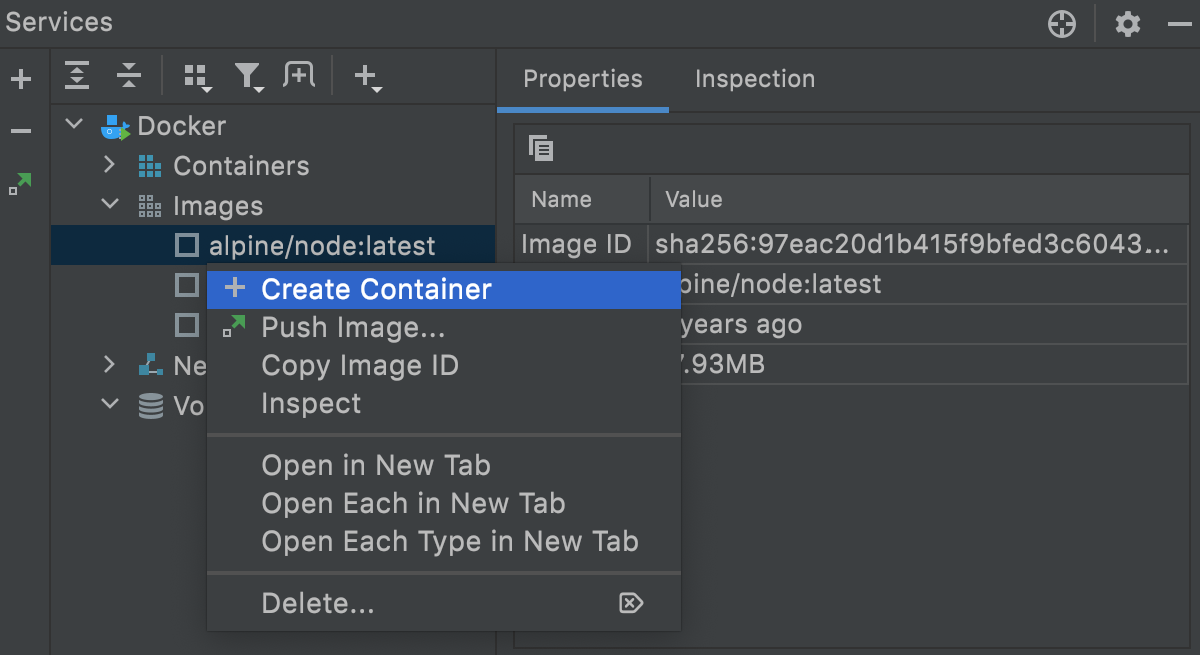 The Create container context menu item