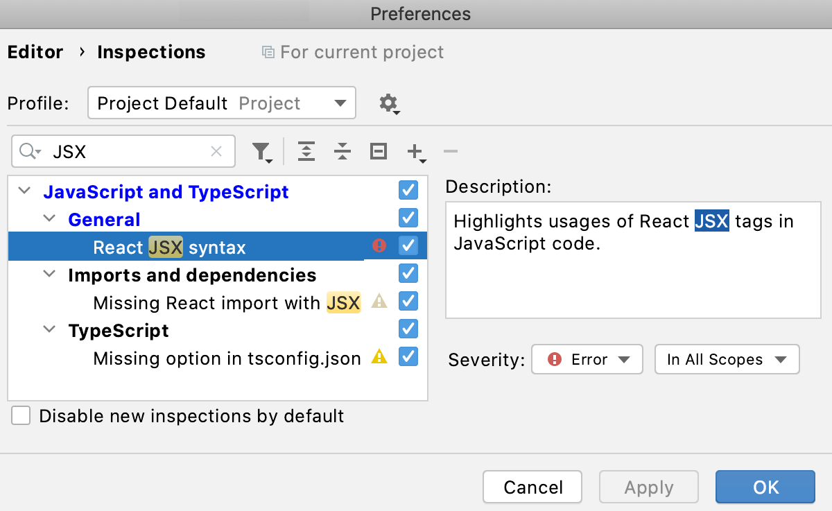 Enable the React JSX syntax inspection