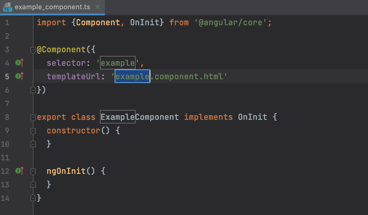 Create an Angular component using a predefined code snippet