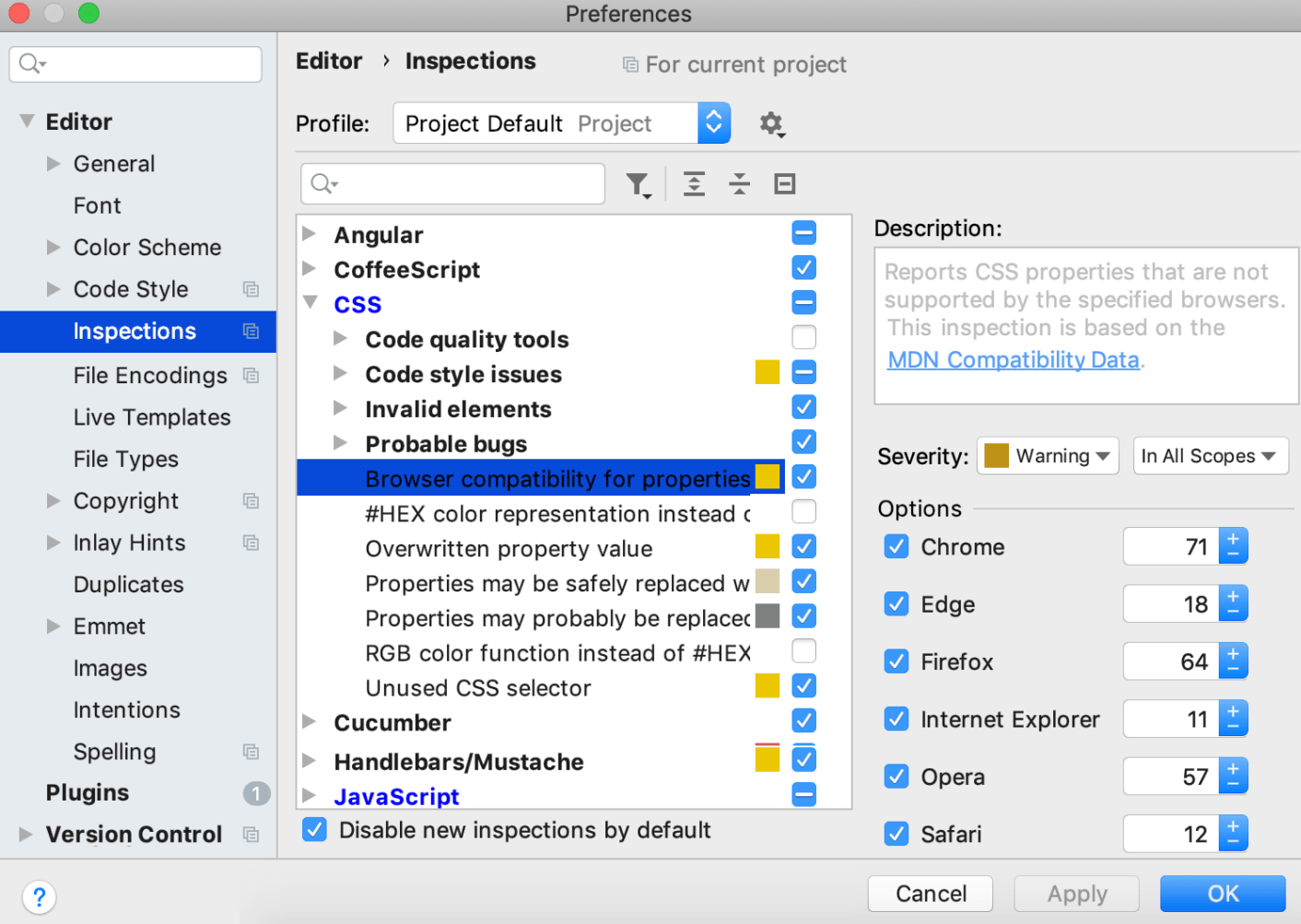 CSS compatibility inspection settings