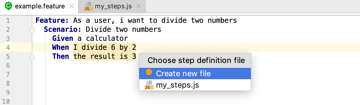 Creating Cucumber.js step definitions: select target file