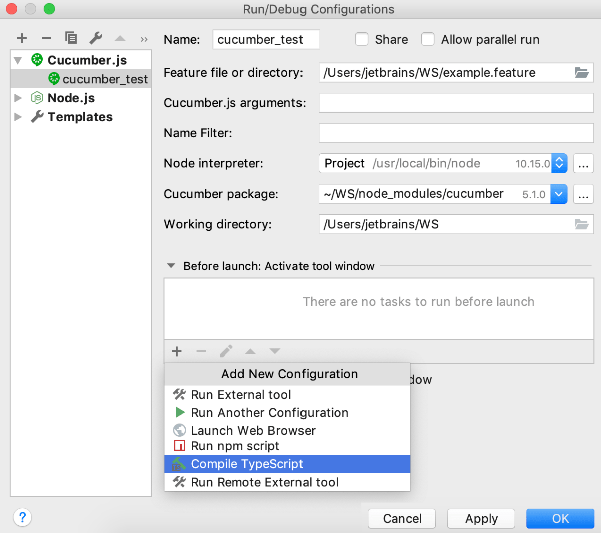 Cucumber.js Run configuration: adding a Compile TypeScript Before launch task