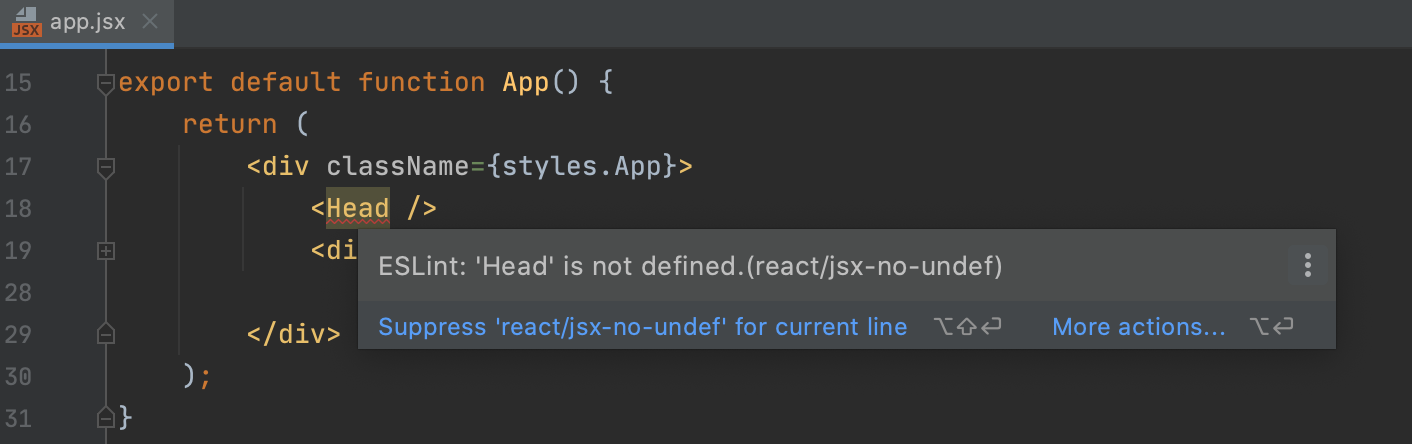 ESLint with React: errors and warnings are highlighted, the description of a problem is shown in a tooltip.