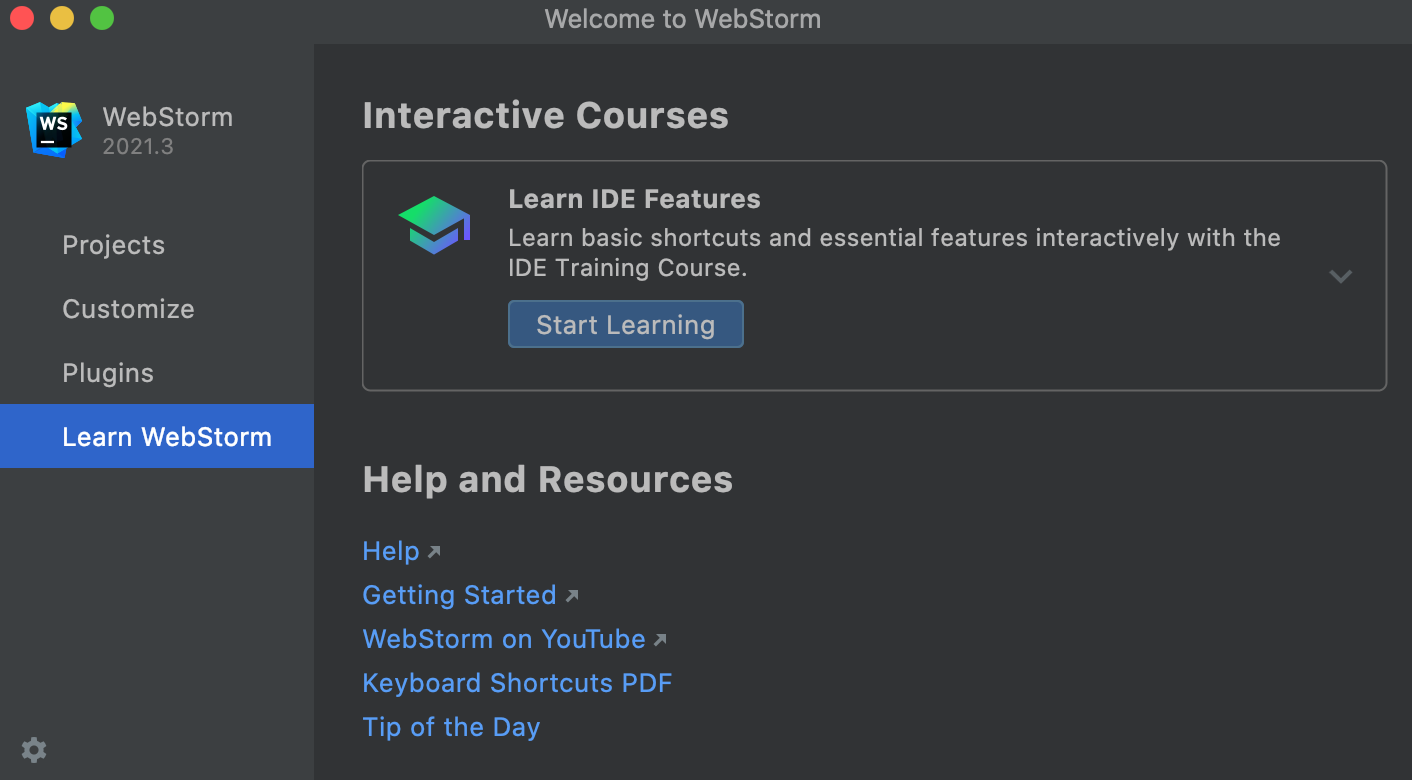 Welcome screen: Learn WebStorm