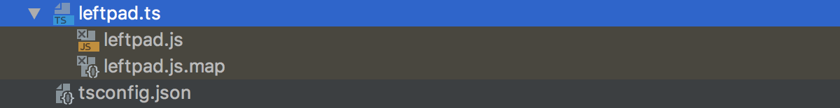 A typescript file leftpad.ts with a compiled JavaScript file leftpad.js
                             and a generated source map file leftpad.js.map shown as a nest