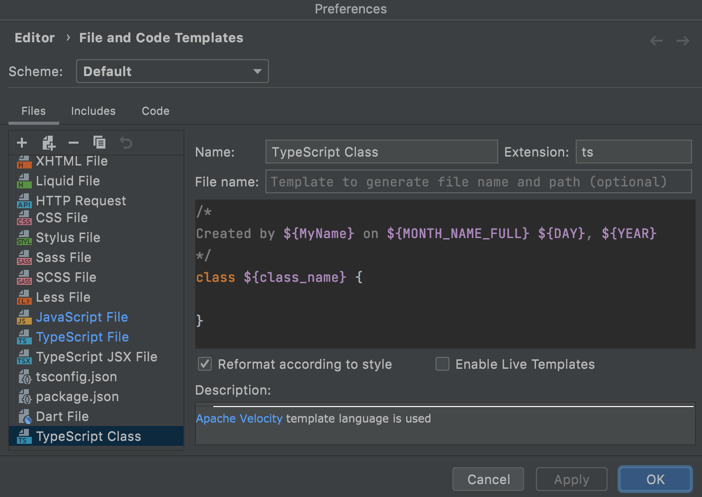 A custom template for creating a TypeScript class