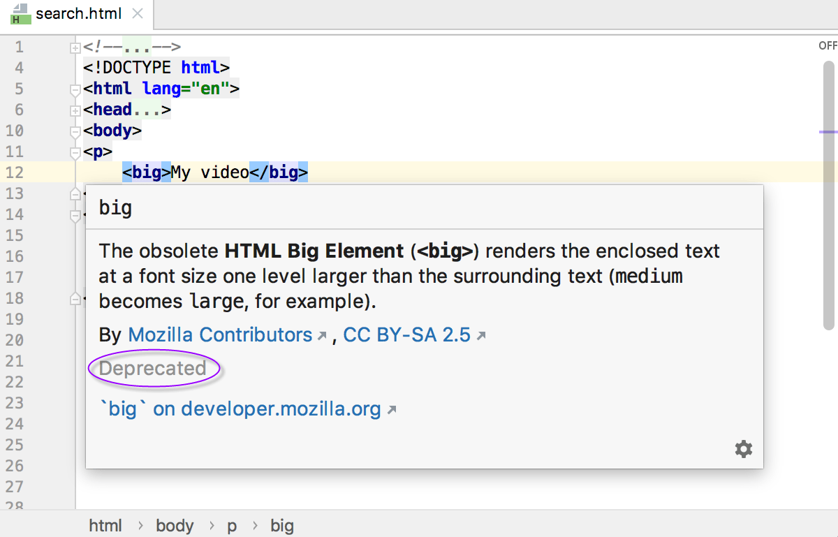 HTML quick documentation: status Deprecated for <big> tag