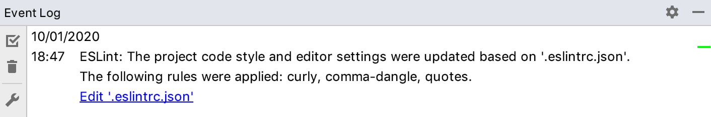 Event log tool window shows the list of applied ESLint rules