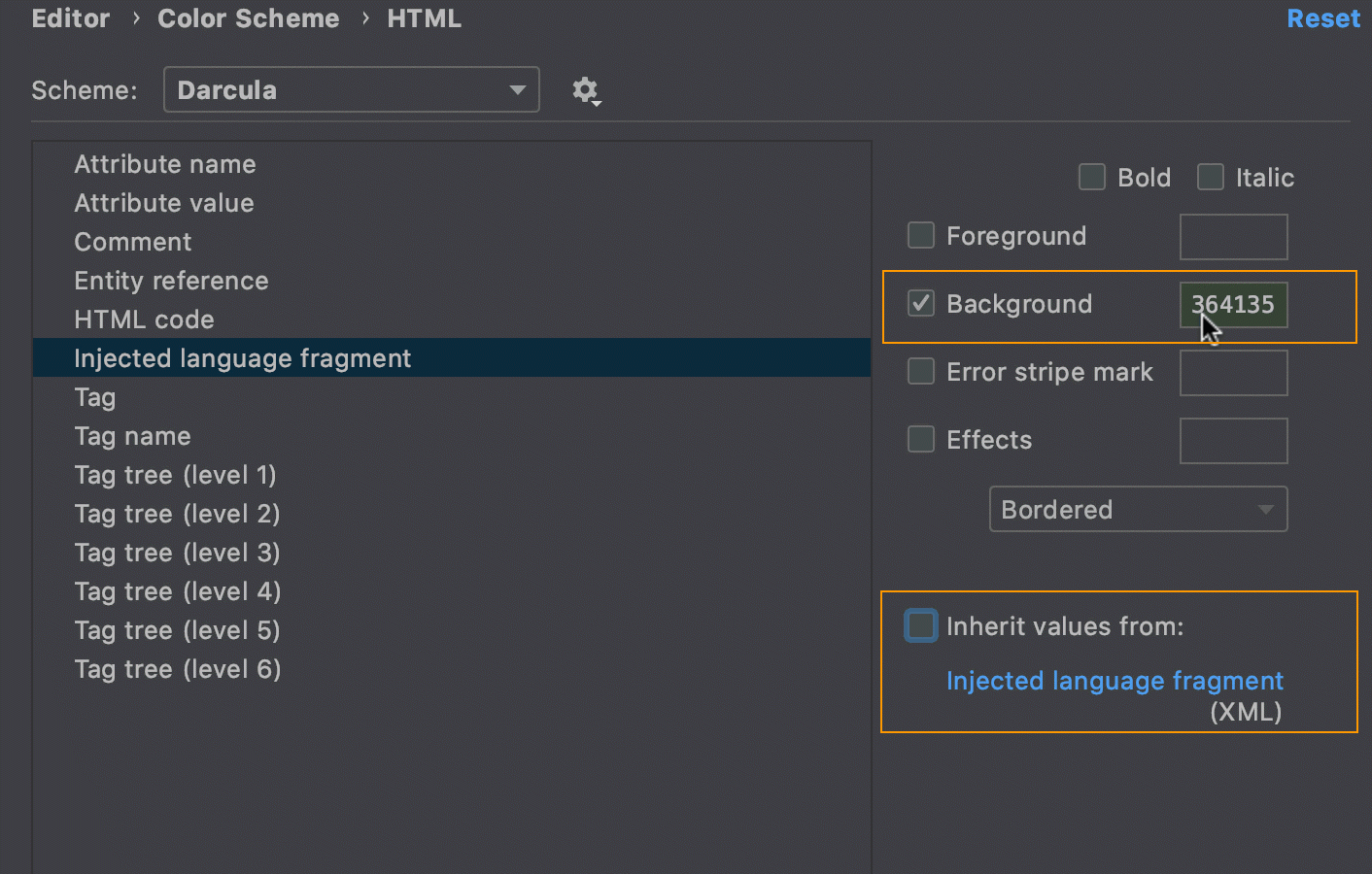 Configuring custom background for language injections