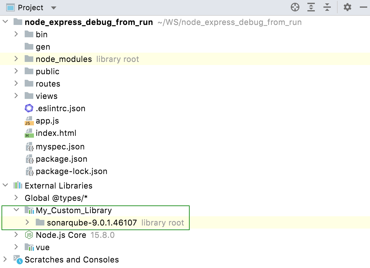 A custom library is shown under the external Libraries node