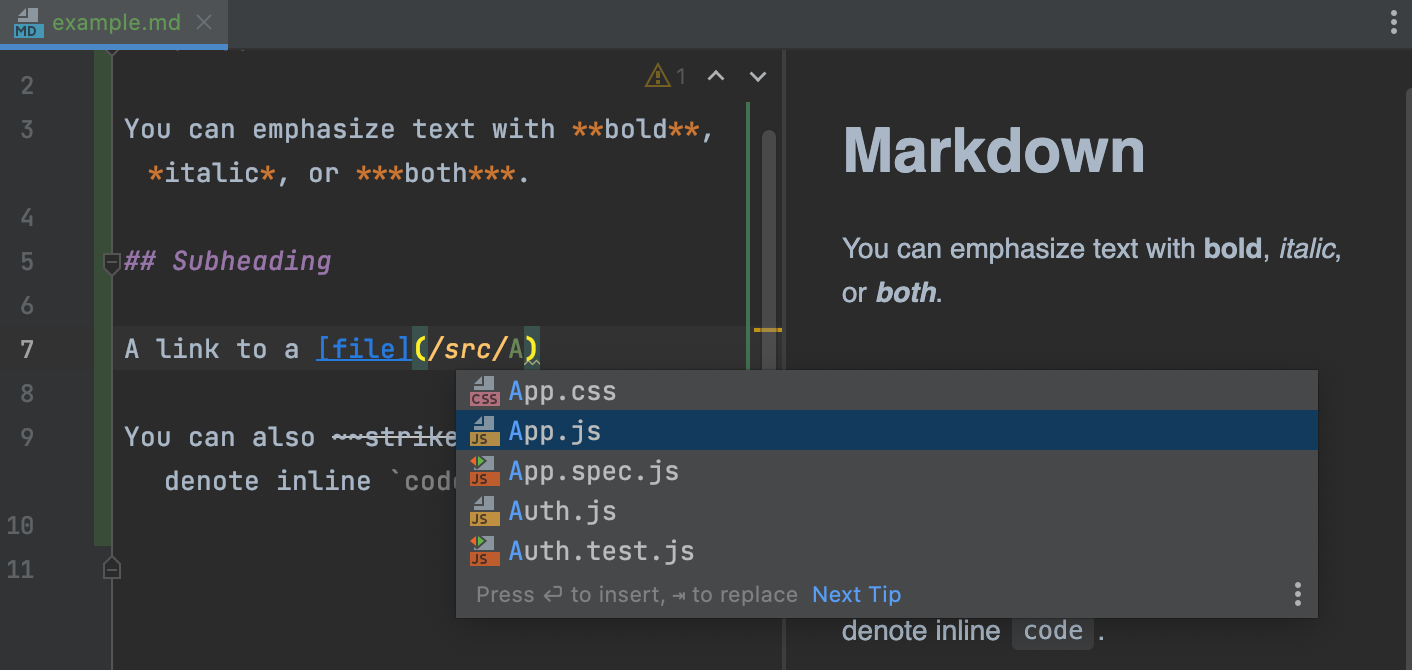 Markdown editor completion pop-up