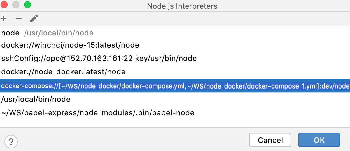 Remote Interpreters dialog: the new Node.js interpreter in Docker added to the list