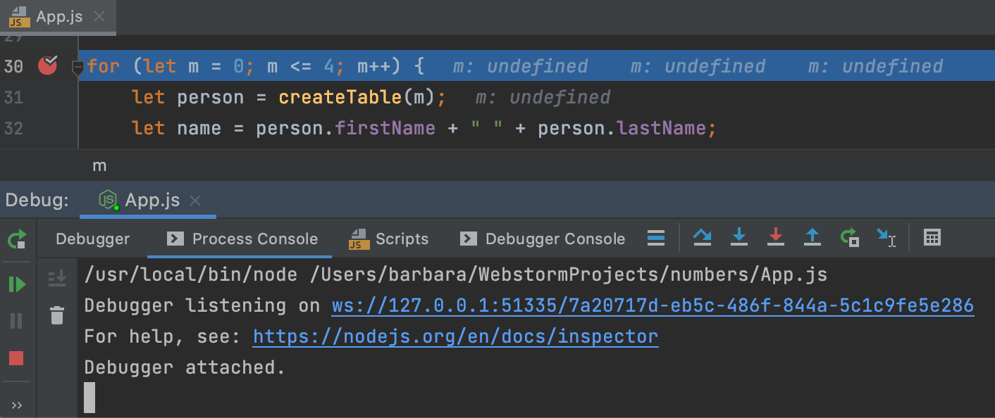 Node.js debugging session: Process Console