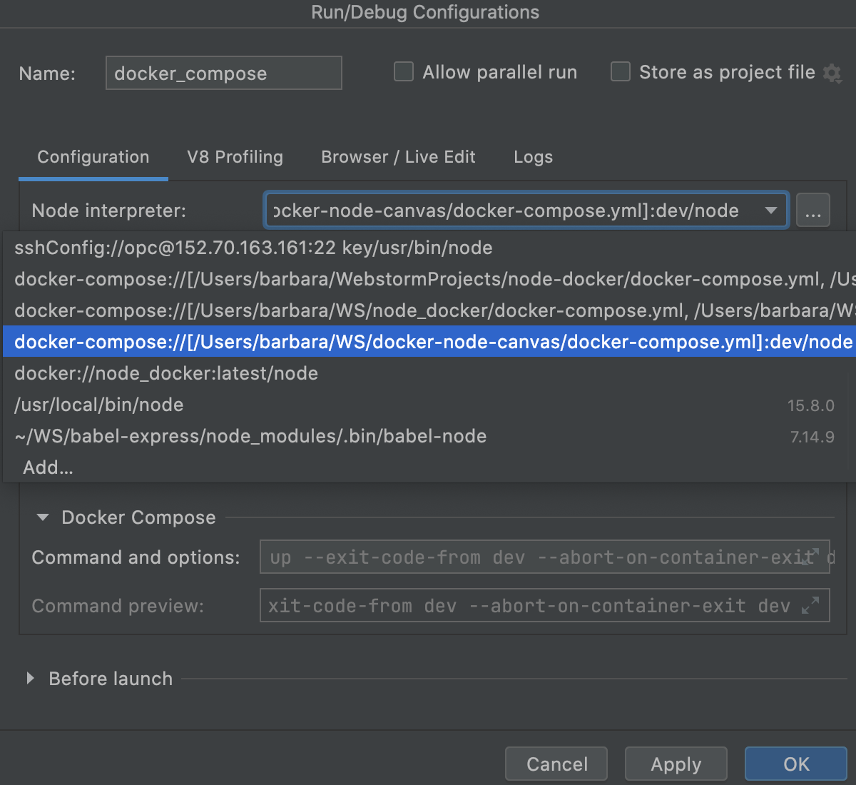 Node.js with Docker Compose: run/debug configuration, select interpreter