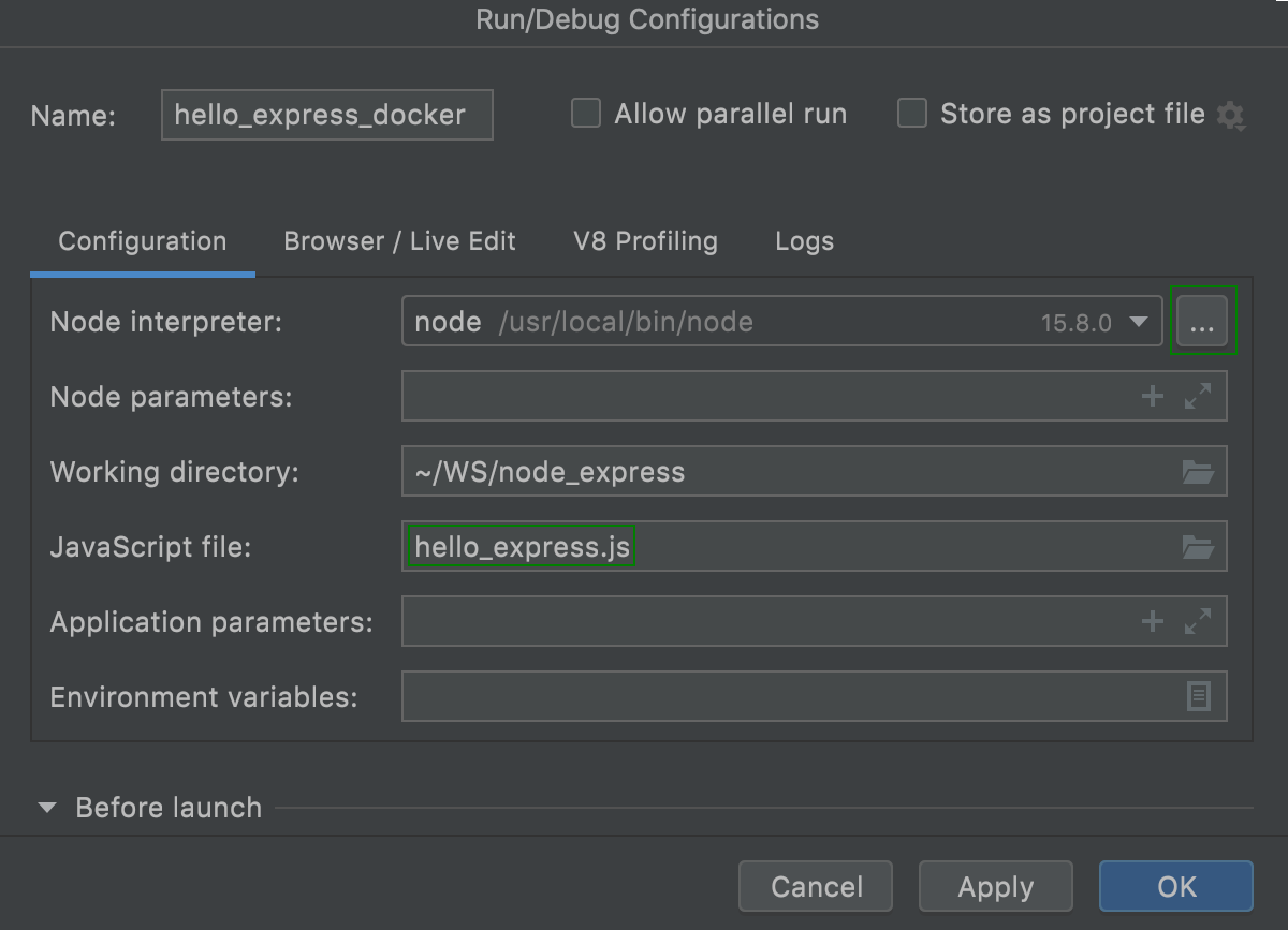 Node.js run/debug configuration: JavaScript file specified