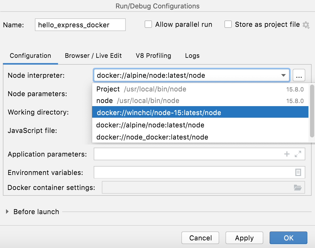 Node.js with Docker: run/debug configuration, select interpreter