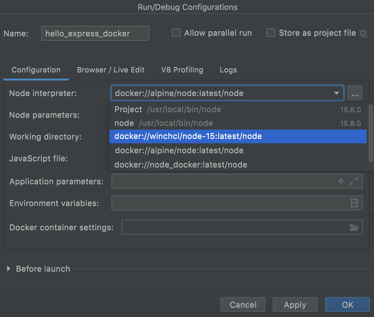 Node.js with Docker: run/debug configuration, select interpreter
