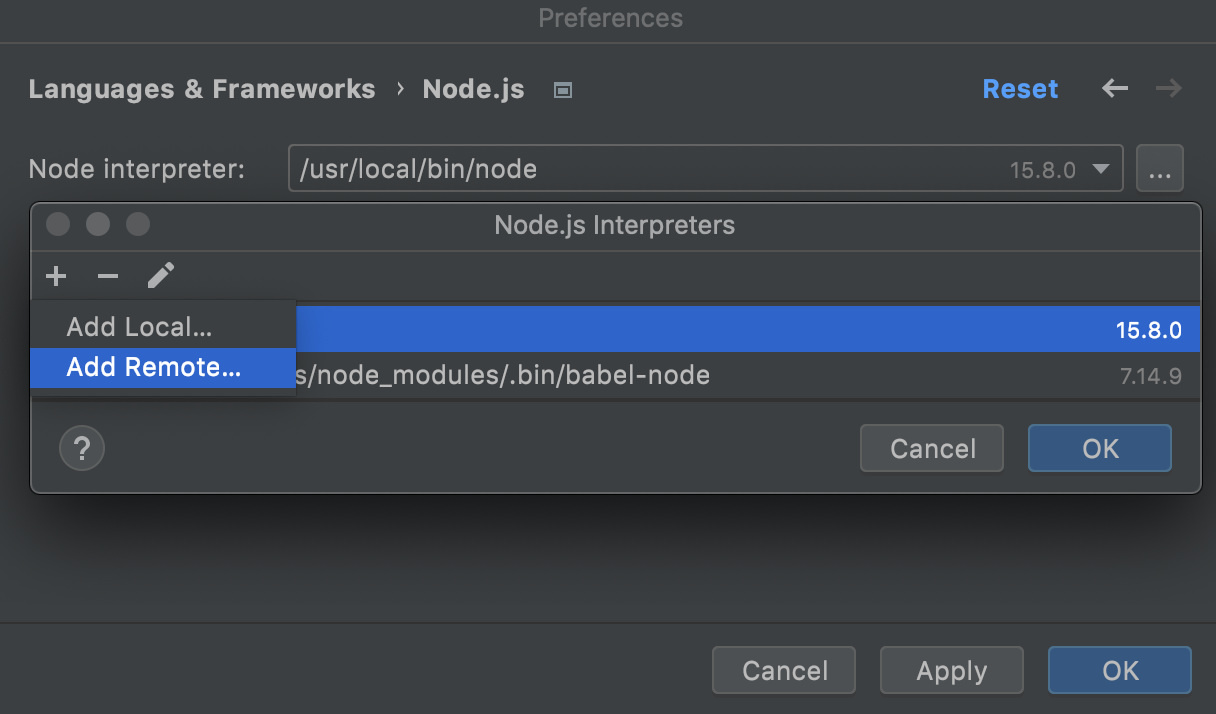 Configure Node.js interpreter via SSH: Add Remote