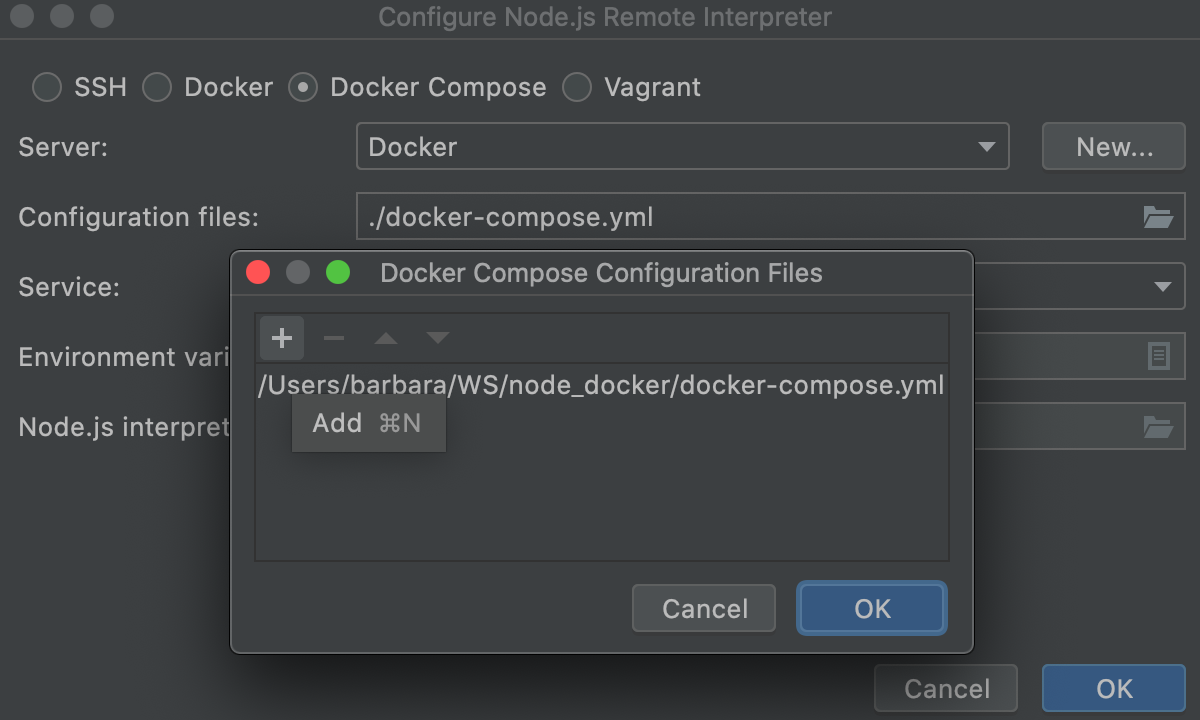 Configure a Node.js interpreter via Docker Compose: configuration files