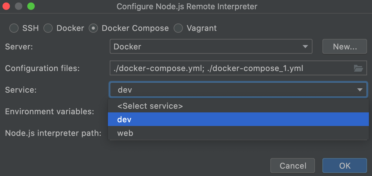 Configure Node.js interpreter via Docker Compose: select service