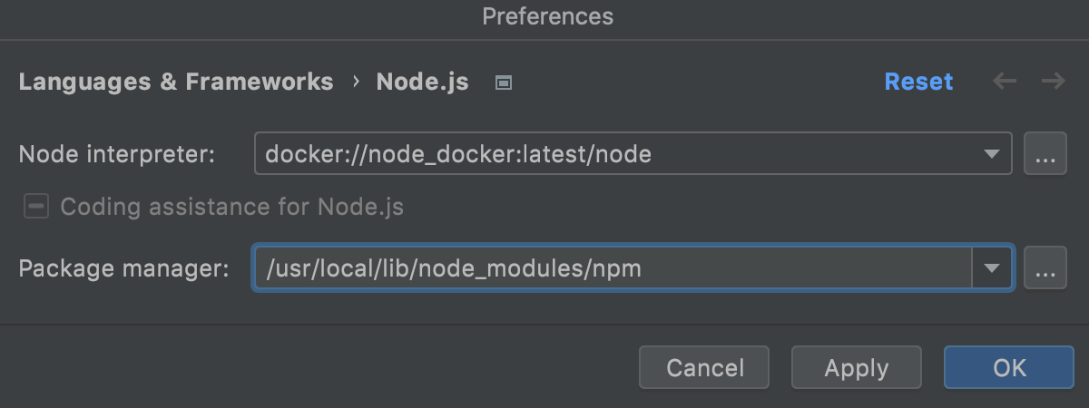 Configure Node.js interpreter in Docker container: set as default project interpreter