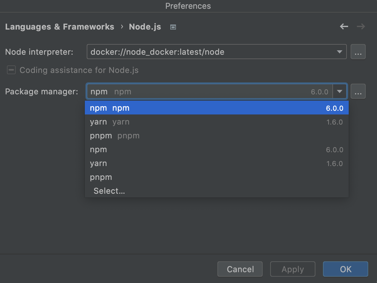 Settings: newly configured remote Node.js interpreter selected as default