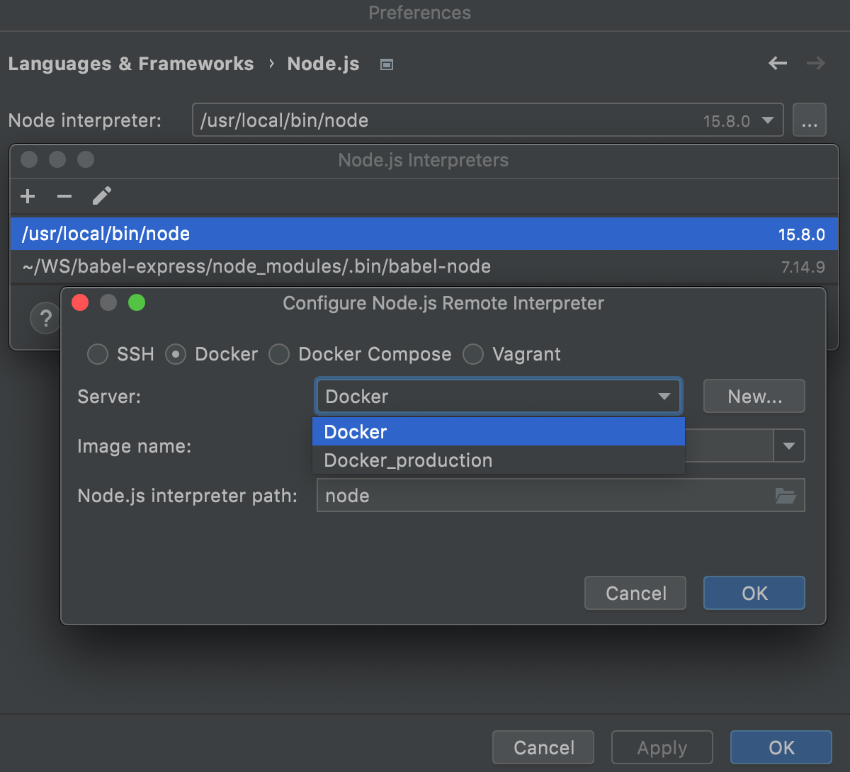 Configure Node.js interpreter in Docker container: select Docker server