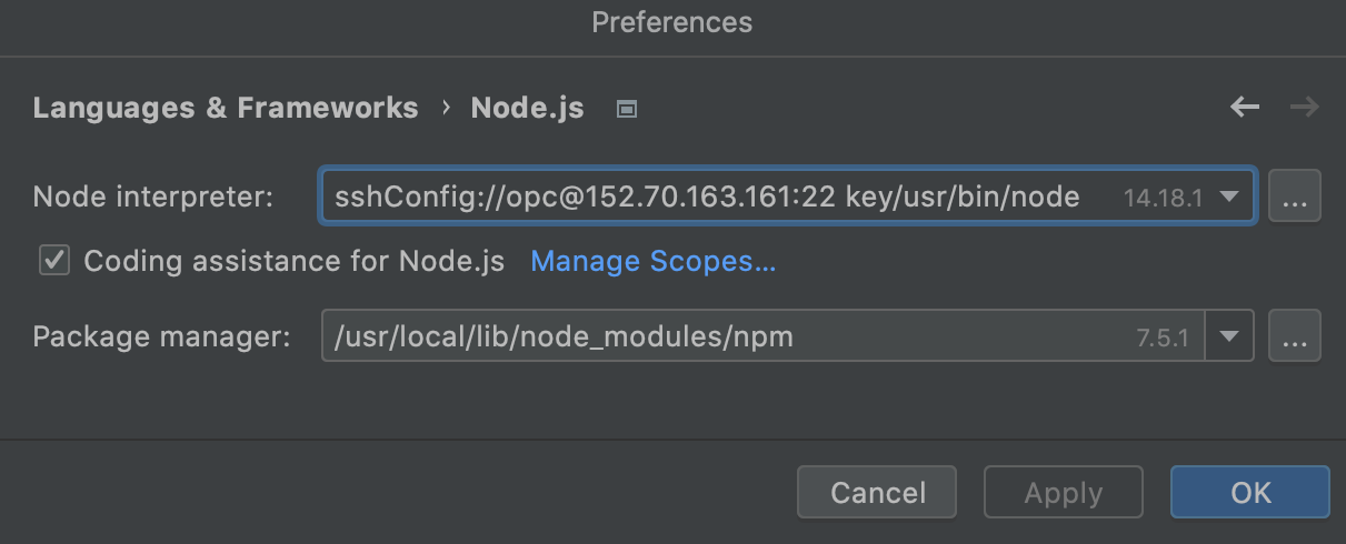 Configure Node.js interpreter via SSH: set as default project interpreter