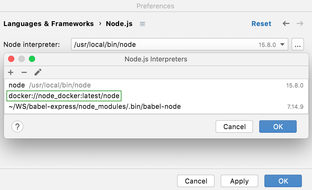 Remote Interpreters dialog: the new Node.js interpreter in Docker added to the list