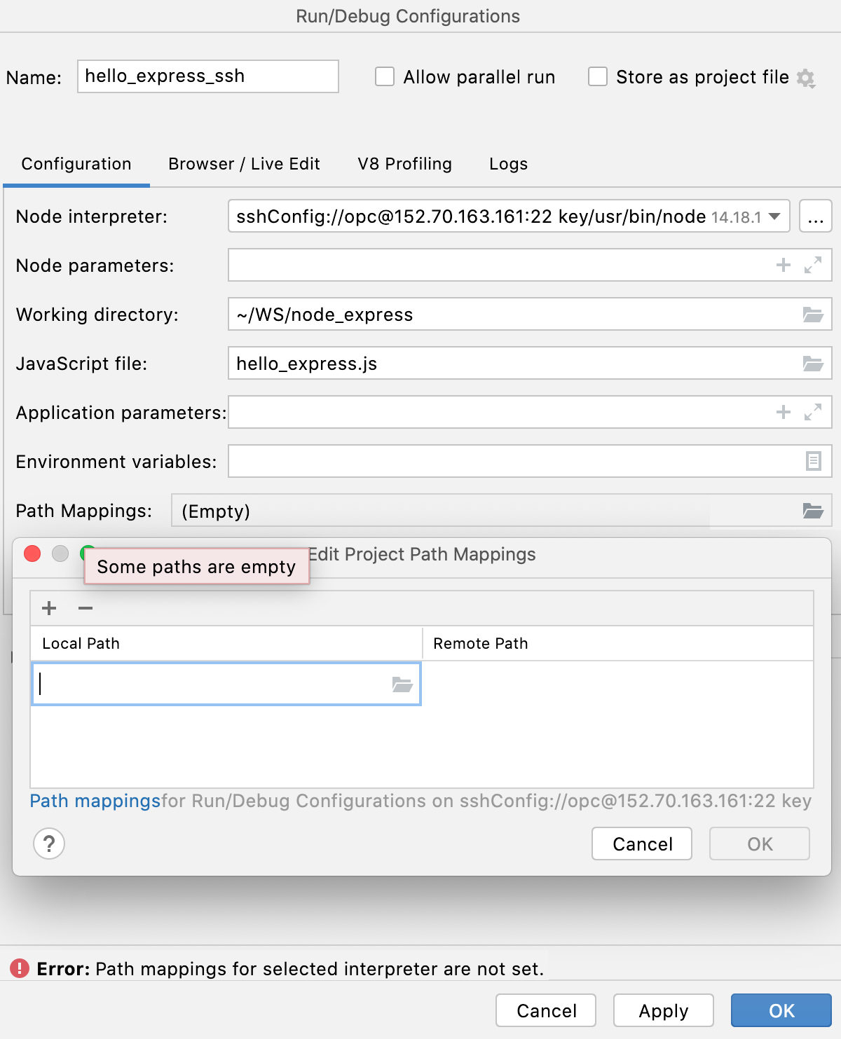 Create Node.js run configuration: add mapping