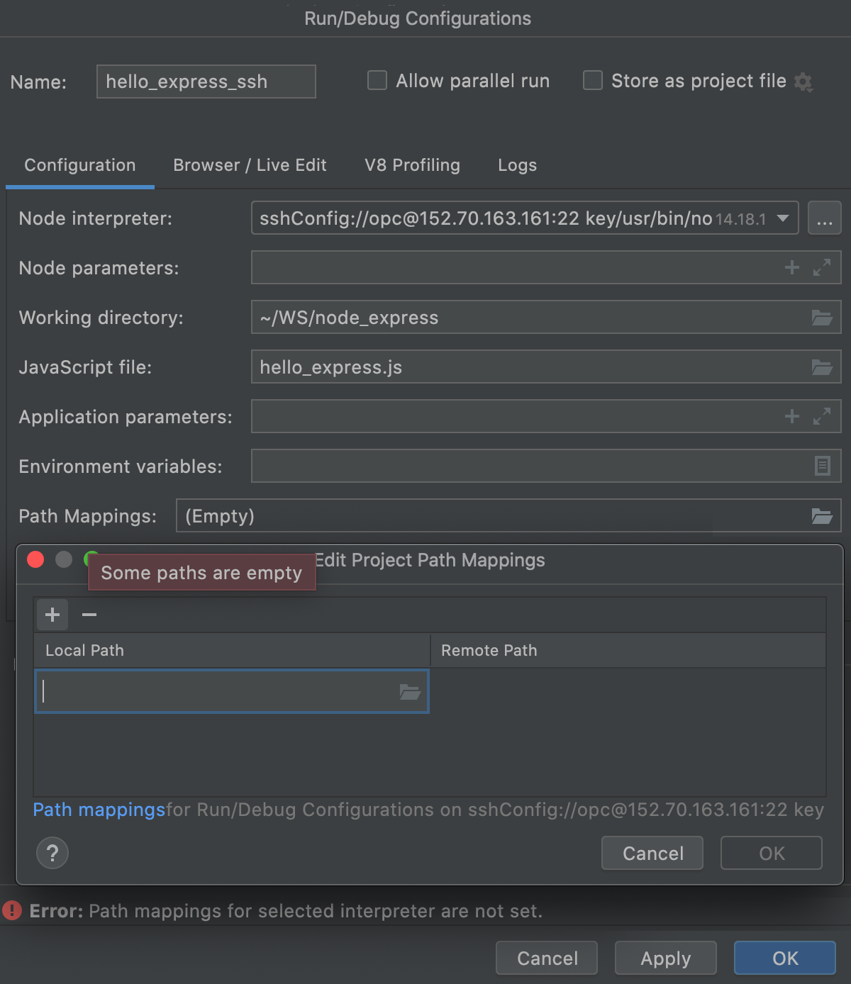 Create Node.js run configuration: add mapping