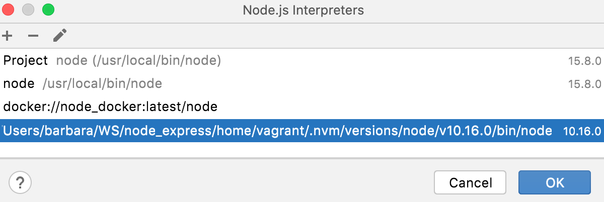 Remote Interpreters dialog: the new Node.js interpreter in a Vagrant environment added to the list