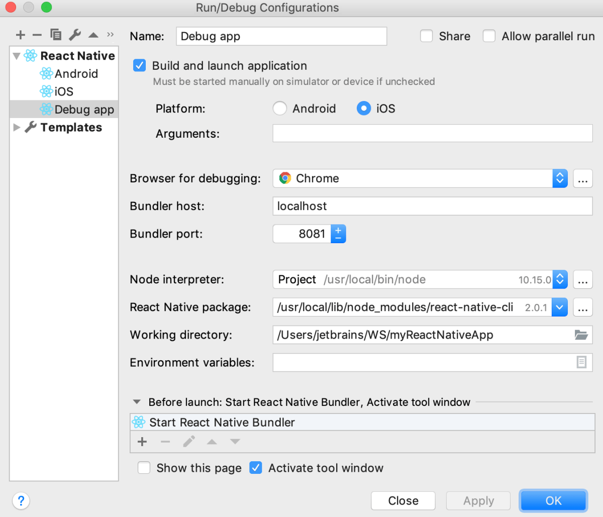 React Native Run/Debug Configuration