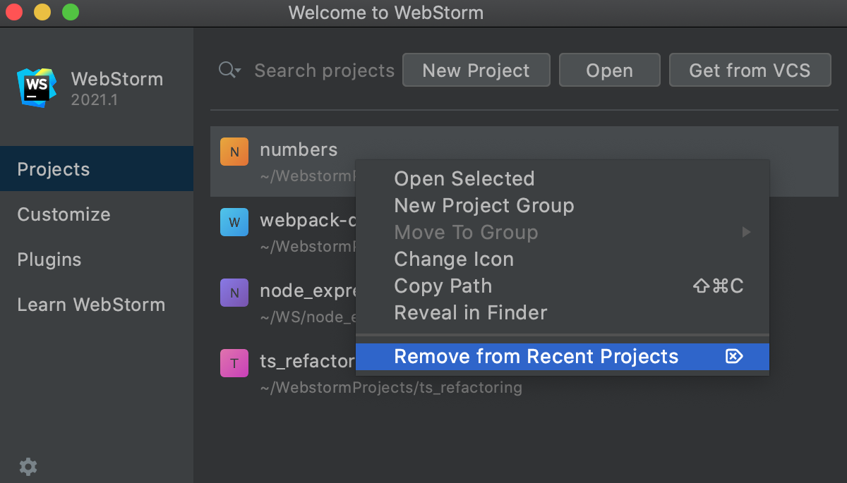 Remove a project from recent Projects on the Welcome Screen: context menu