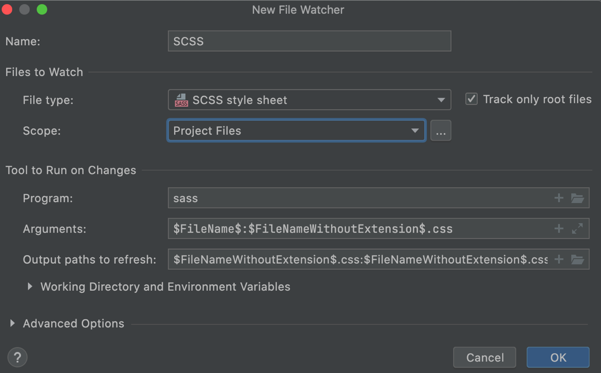 SCSS File Watcher: settings