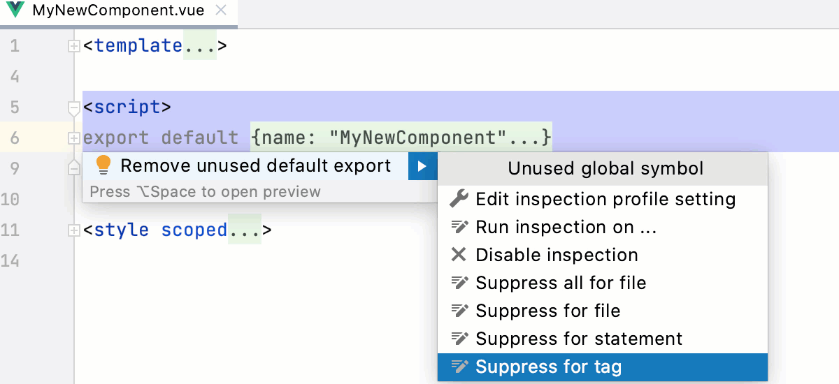 Suppress inspection in the editor (Vue.js and Html