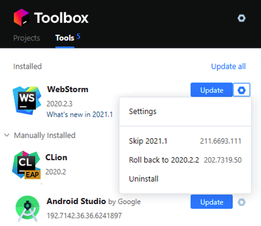 WebStorm in the JetBrains Toolbox App