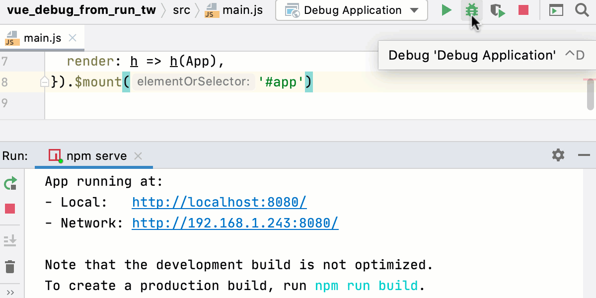 Start debugger for Vue.js app created with Vue CLI