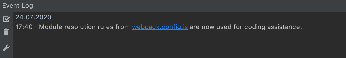 Notification about using webpack.config.js for module resolution and code completion