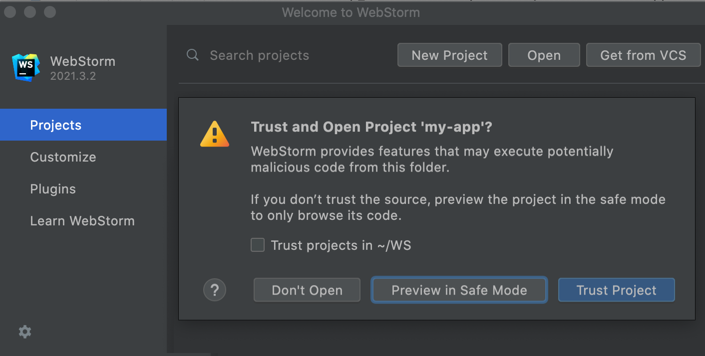 Untrusted project warning