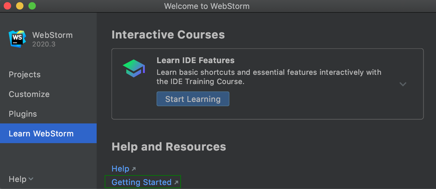 welcome screen: learn WebStorm