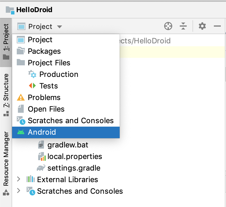 the Android project view