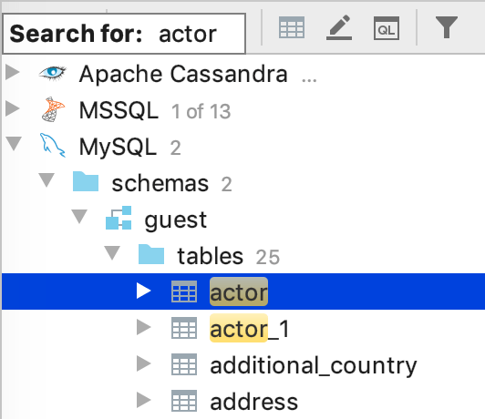 Find an object in the database tree view