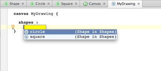 Code completion prompts the two existing shapes