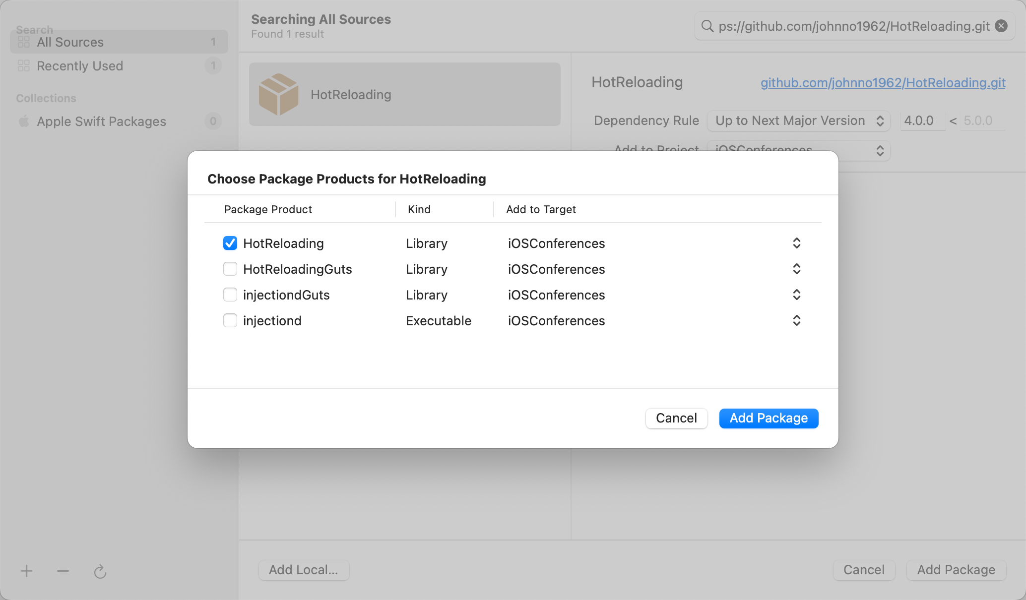 Adding the HotReloading Swift package