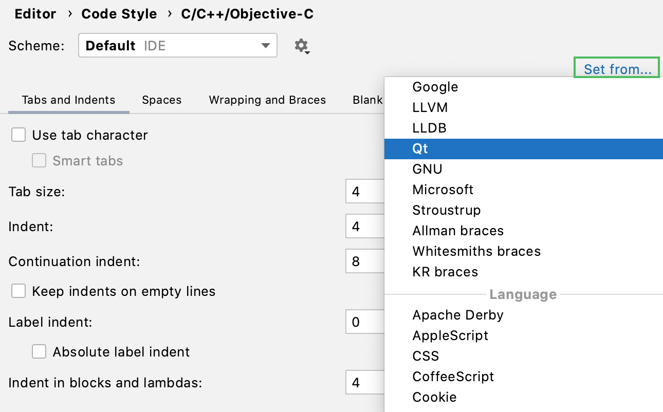 Using code style settings from predefined guidelines