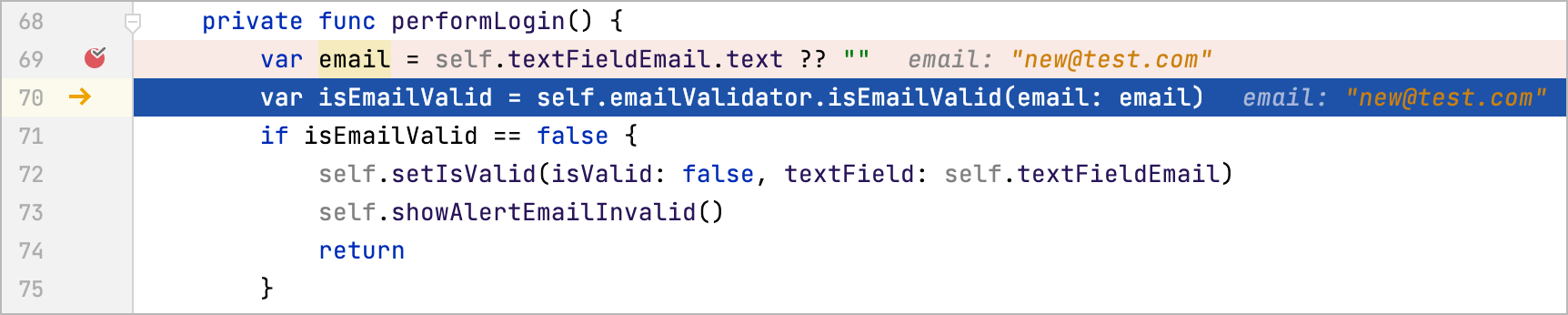 Inline values of the variables change with each step