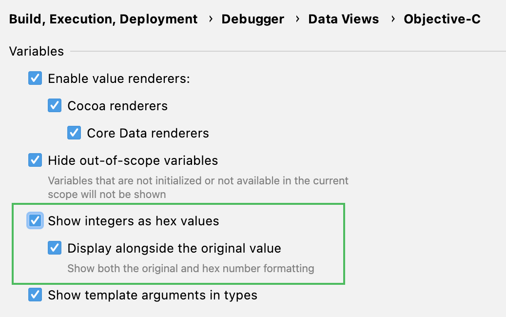 Enable hex view in Debugger preferences
